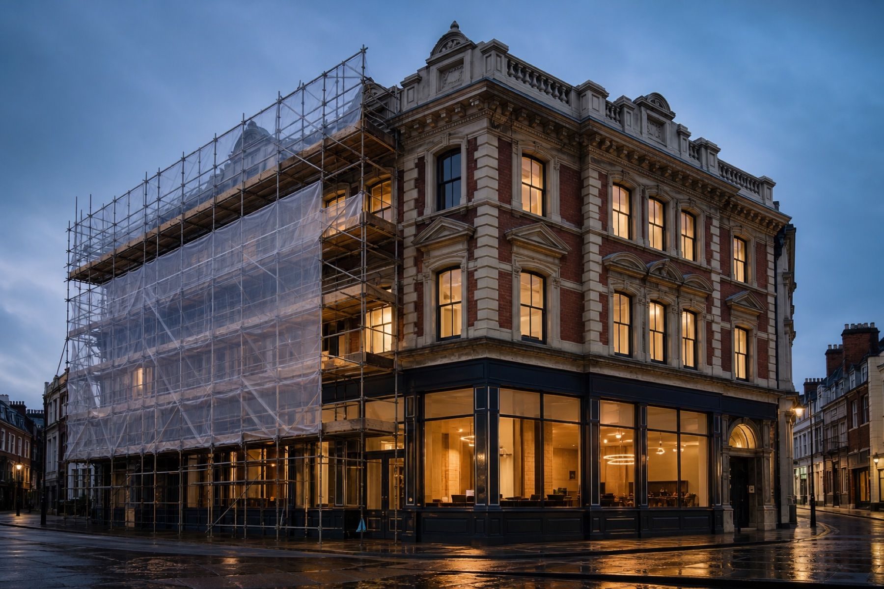 A period commercial building part-way through restoration, half in scaffolding and half complete